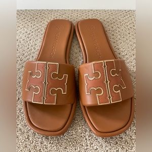 Tory Burch, Double T Sport Slide, size 8.5, Bourbon Miele/Gold, worn once!
